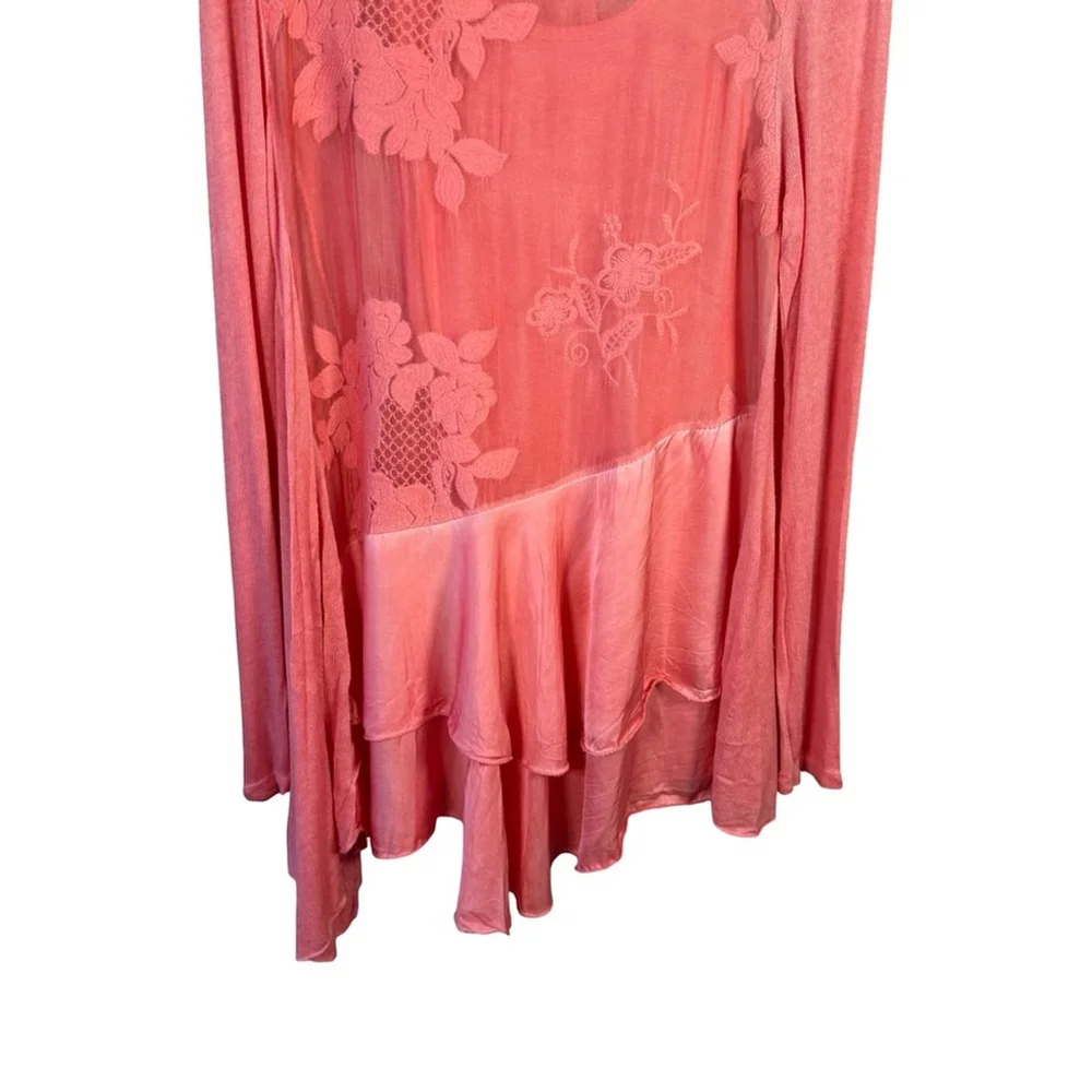 Boho Cottagecore Coral Floral Lace Tunic With Tank Size XS S Stretch Sheer - Picture 12 of 16